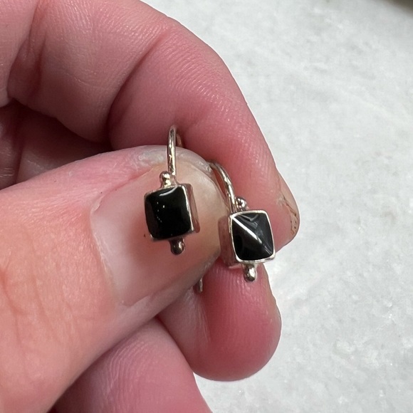 Vintage sterling black onyx silver square drop dangle earring - Picture 4 of 5
